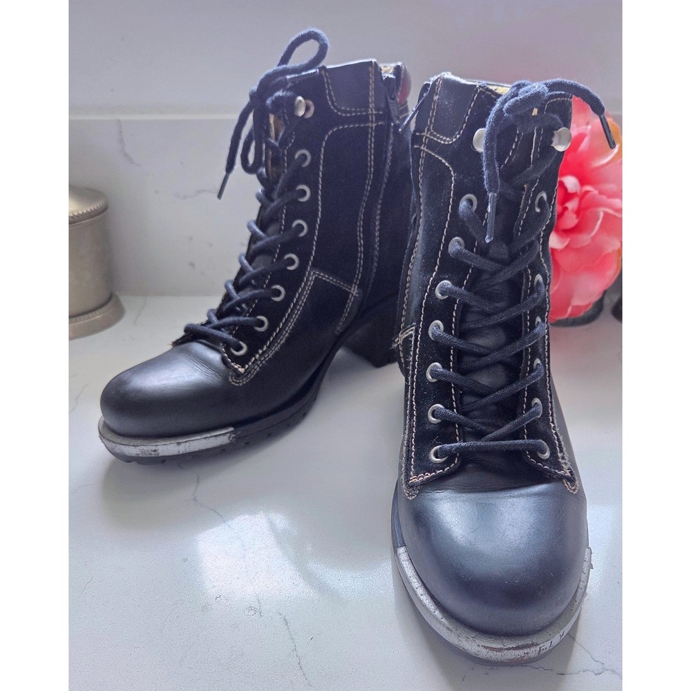 Fly London Leal Combat Boots Black Leather Suede Lace Zip Ankle Steel Toe Sz 41